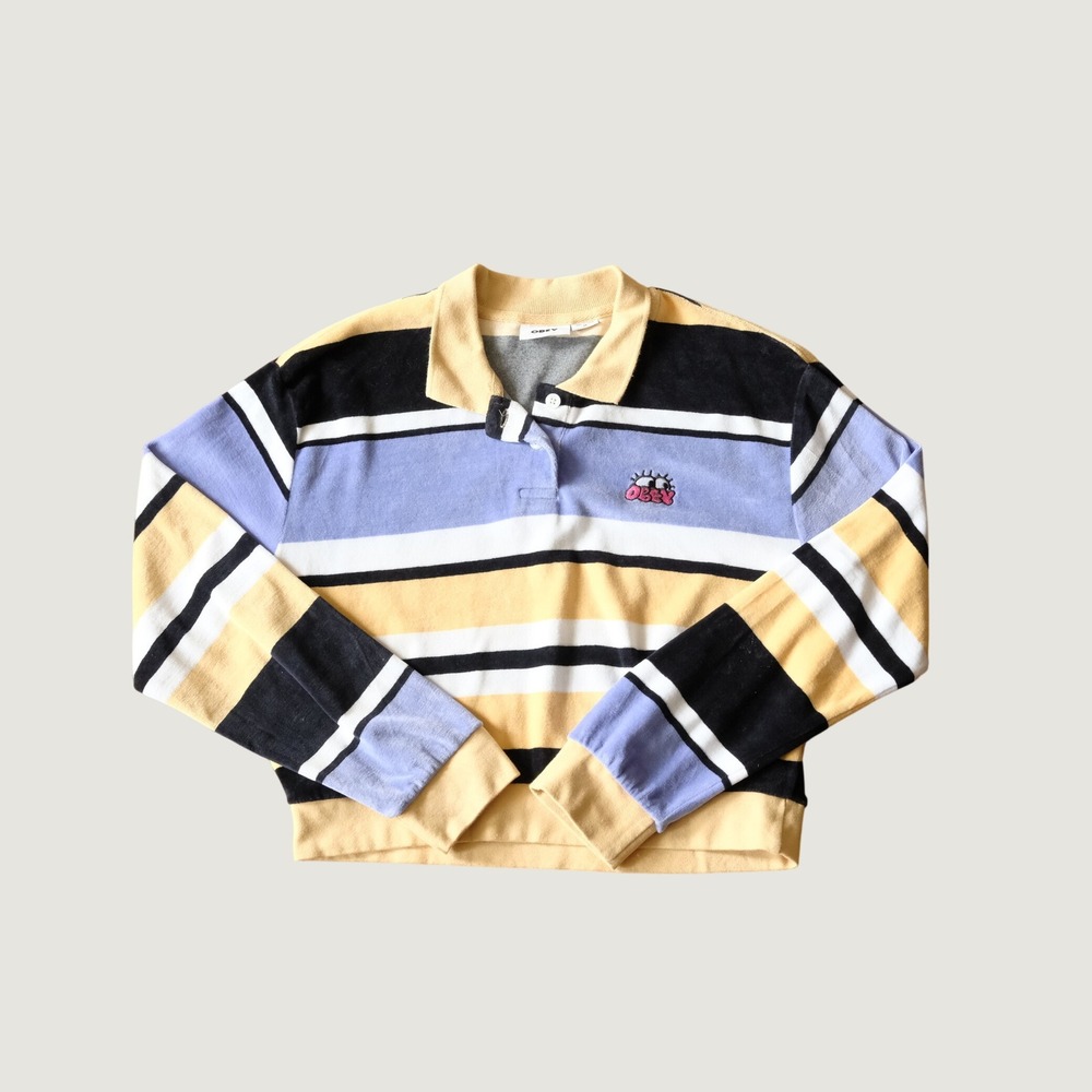 OBEY Curious Eyes Polo Top Striped Velour Long Sleeve Cropped Multi Size M